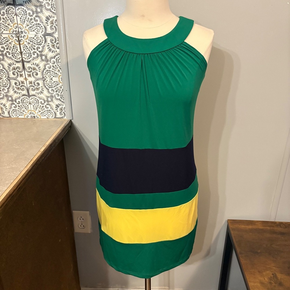 NWT Sweet Storm Green Yellow Black Colorblock Sleeveless Halter Dress -Jr Medium